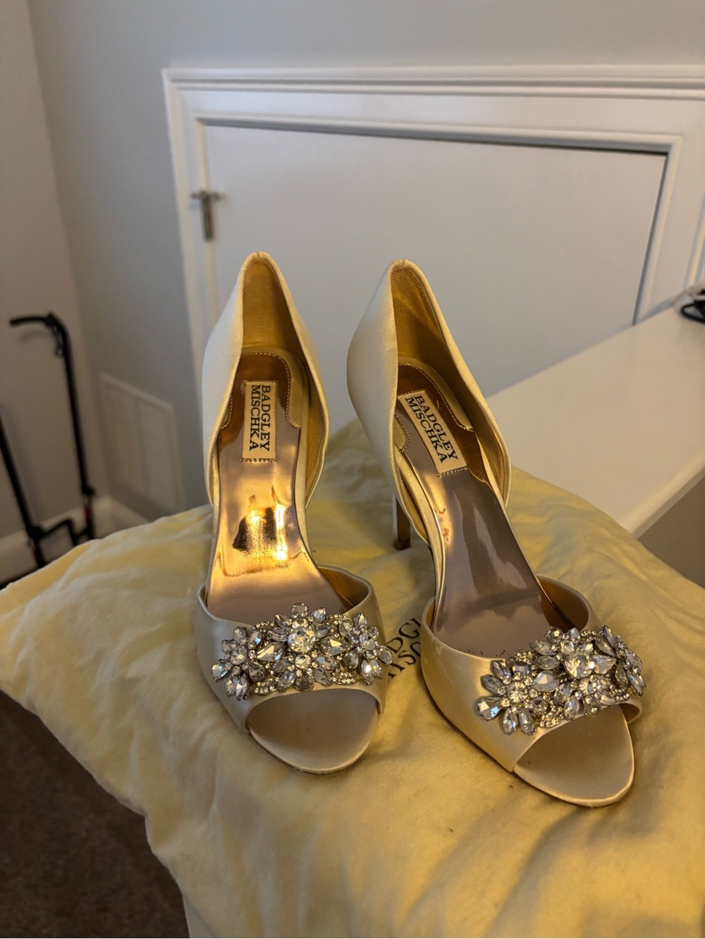 Badgley Mischka Ivory Satin Crystal-Embellished Peep-Toe Heels